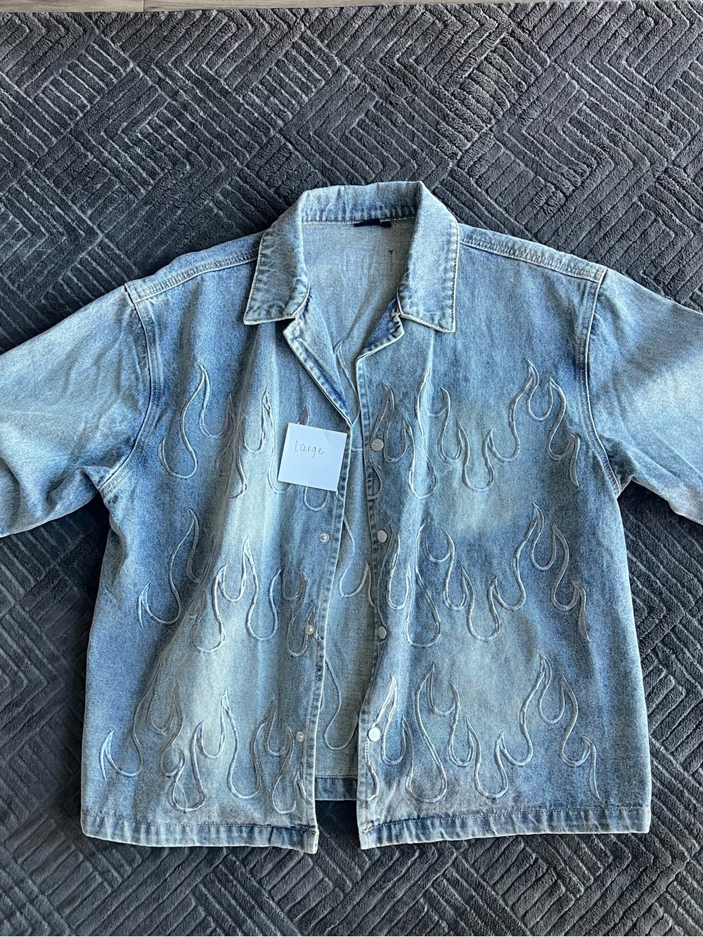 SHEIN Light Blue Denim Short Sleeve Button-Down Shirt with Flame Stitch